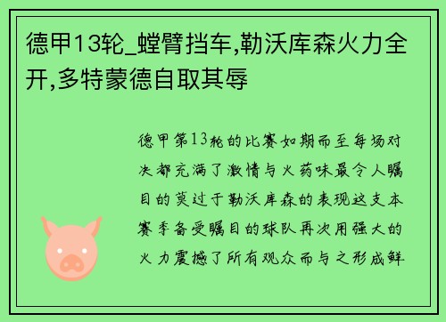 德甲13轮_螳臂挡车,勒沃库森火力全开,多特蒙德自取其辱