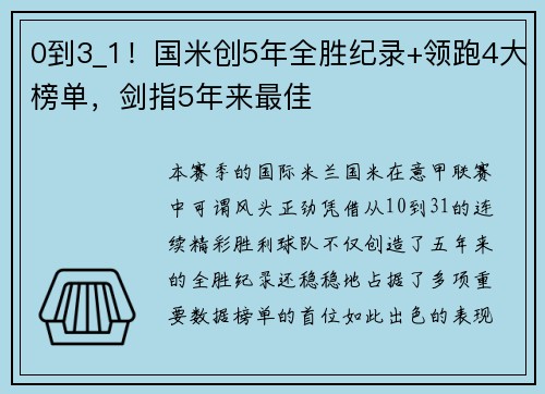 0到3_1！国米创5年全胜纪录+领跑4大榜单，剑指5年来最佳