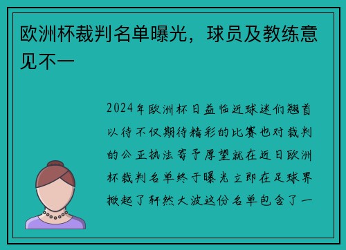 欧洲杯裁判名单曝光，球员及教练意见不一