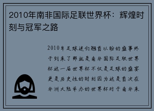2010年南非国际足联世界杯：辉煌时刻与冠军之路