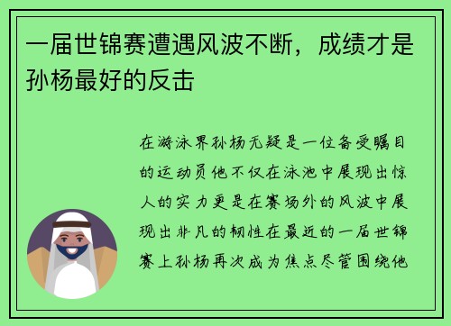 一届世锦赛遭遇风波不断，成绩才是孙杨最好的反击