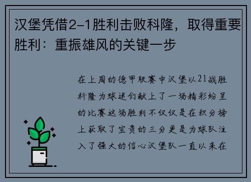 汉堡凭借2-1胜利击败科隆，取得重要胜利：重振雄风的关键一步