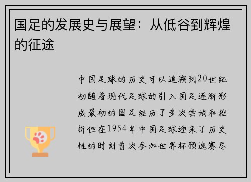 国足的发展史与展望：从低谷到辉煌的征途
