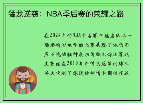猛龙逆袭：NBA季后赛的荣耀之路