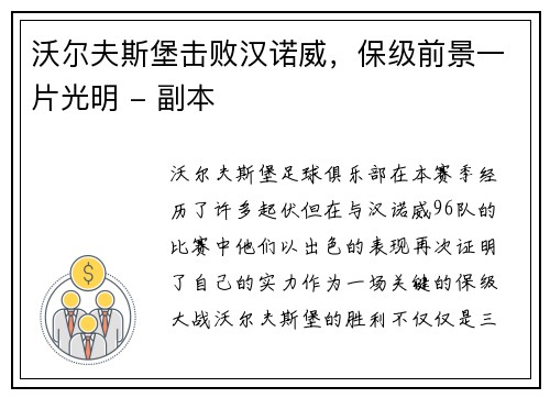 沃尔夫斯堡击败汉诺威，保级前景一片光明 - 副本