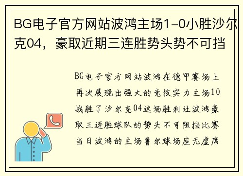 BG电子官方网站波鸿主场1-0小胜沙尔克04，豪取近期三连胜势头势不可挡