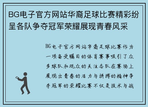 BG电子官方网站华裔足球比赛精彩纷呈各队争夺冠军荣耀展现青春风采
